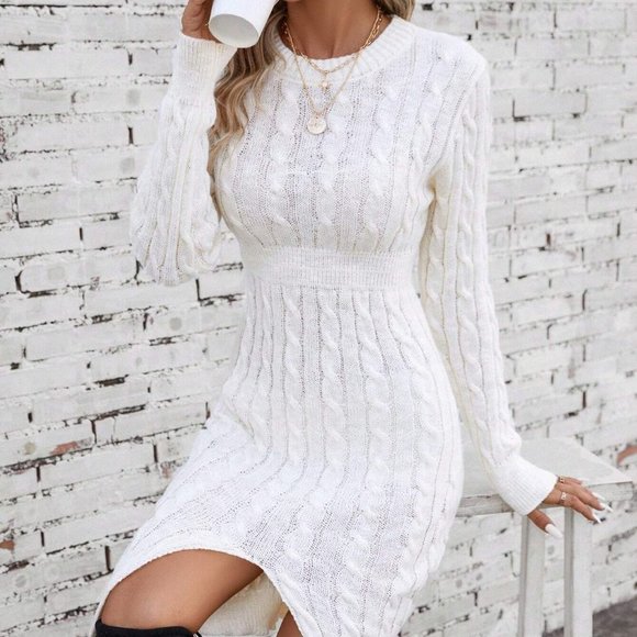 Cable Knit Split Hem Sweater Dress - Picture 1 of 5